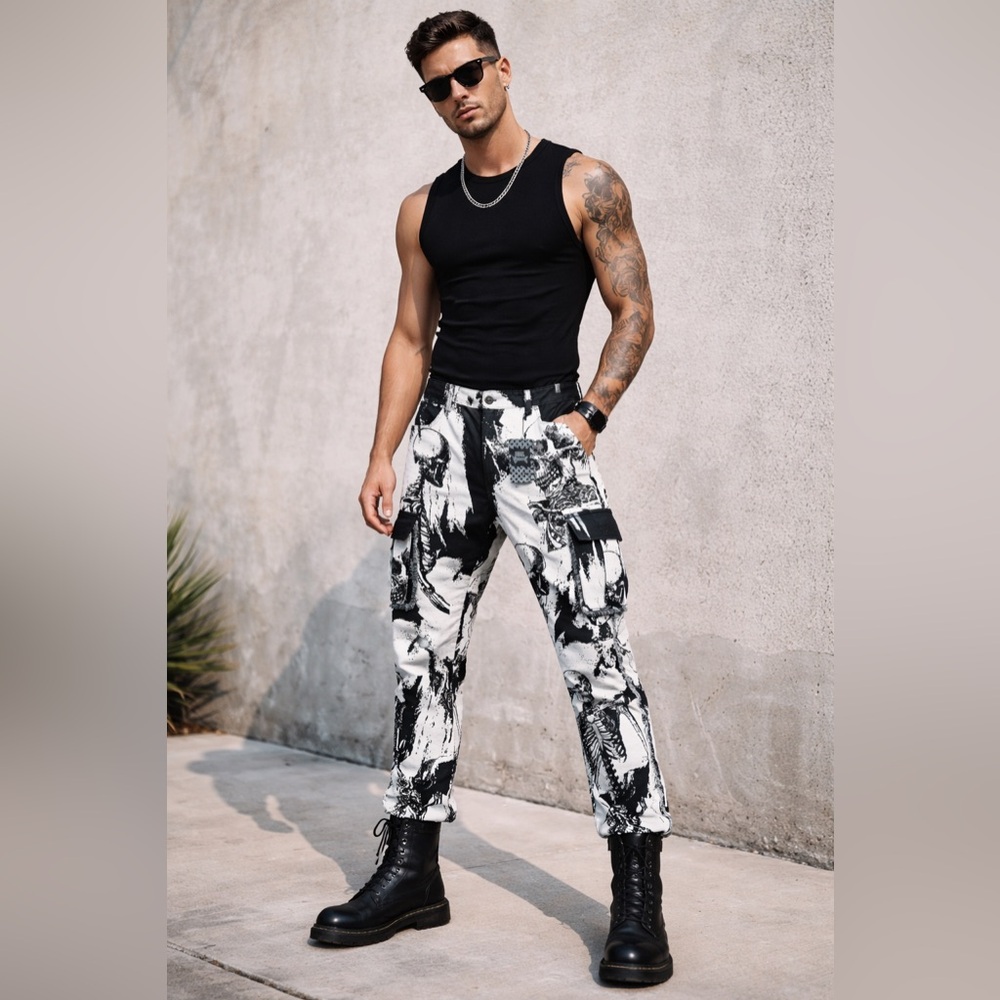 Rebel Vengeance Skull Print Cargo Pants Sz 34 Blk/Wh Skeleton Graphic Streetwear